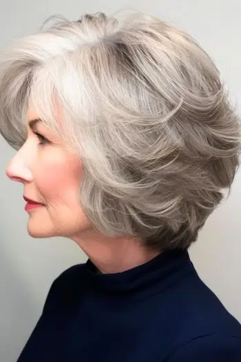 Šedý účes s opeřenými vrstvami na ženě ve věku 60 let, boční pohled.