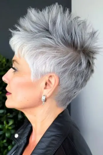 Spiky Silver Pixie účes na ženě ve věku 60 let, boční pohled.