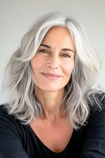 Rozcuchaný účes se stříbrným lobem na jemně se usmívající ženě ve věku 60 let.