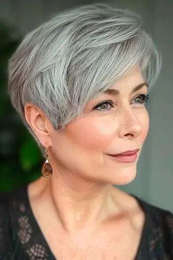 Vrstvený Pixie účes na ženě ve věku 60 let.
