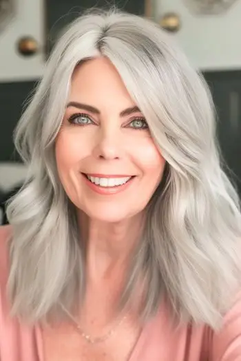 Stříbrný vlnitý Lob účes na usmívající se ženě ve věku 60 let.