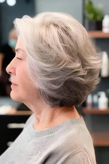 Feathered Silver Layers účes na ženě ve věku 60 let, boční pohled.