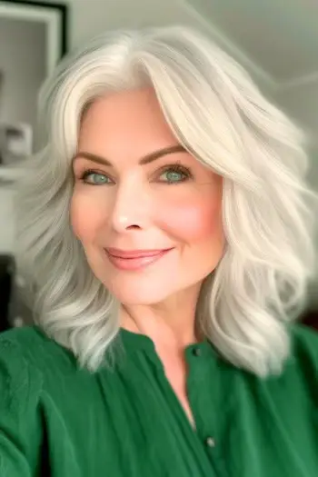 Trhaný účes stříbrných vrstev na usmívající se ženě ve věku 60 let.