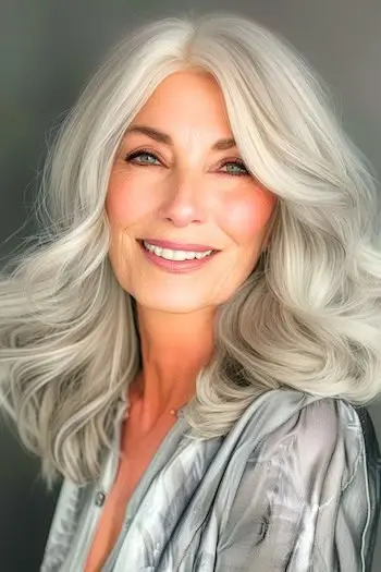 Okouzlující účes se stříbrnými vlnami na usmívající se ženě ve věku 60 let.