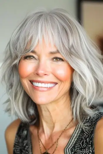 Trhané stříbrné vrstvy s účesem Wispy Bangs na usmívající se ženě ve věku 60 let.