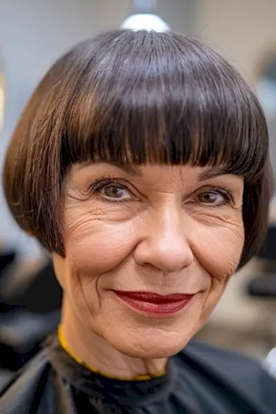 茶色の髪の年配の女性の超短いフレンチ ボブのヘアカット。