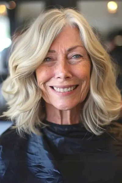 美容室の女性の肩までの長さのブロンドの波のヘアカット。