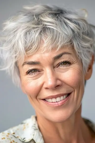 60歳以上の女性向けの質感のあるショートシャグカット。