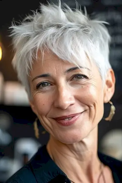 年配の女性の短くとがった灰色のピクシー カット。