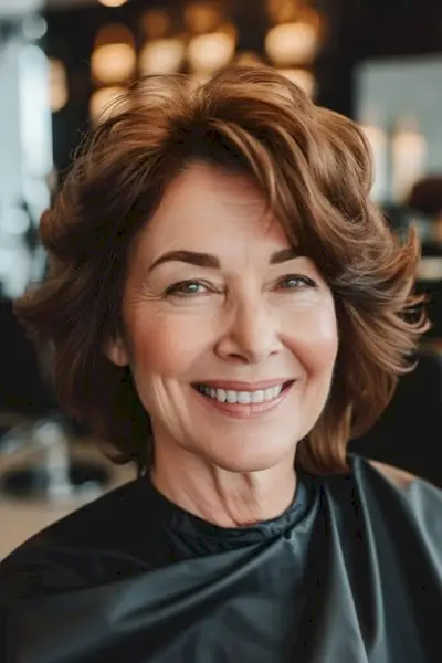 60 歳以上の美容院の女性のボリュームのある赤褐色のウェーブ。