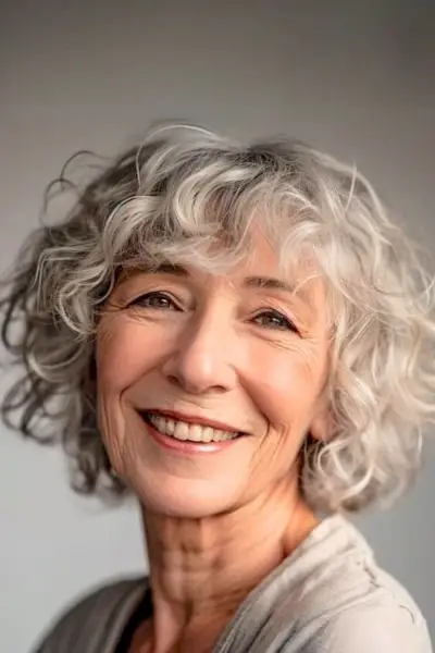 年配の女性の短い柔らかい銀色のカール。