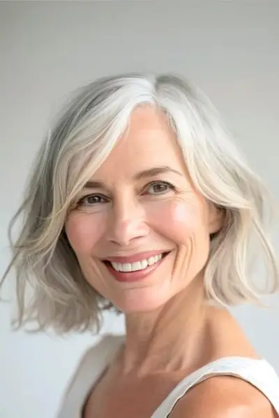 60歳以上の女性のサイド分けのシルバーボブ。