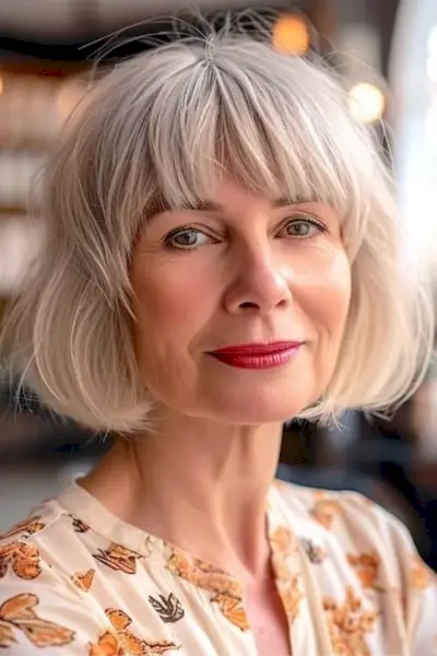 シルバーのフレンチボブの髪型。