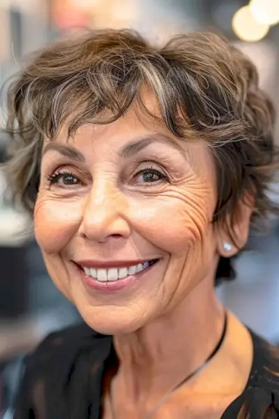 茶色の髪を持つ年上の笑顔の女性の乱れた短いボブ。