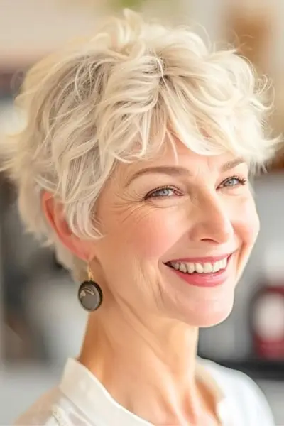 60 歳以上の笑顔の女性に短い金髪の波状ピクシーの髪型。