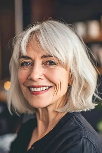 60 歳以上の笑顔の女性の前髪のあるさわやかなグレーのボブ。