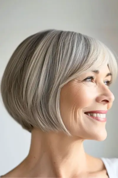 60歳以上の女性の洗練されたあごまでの長さのグレーのボブ。