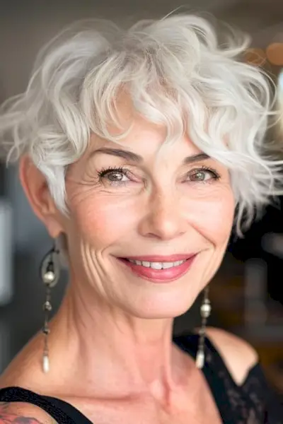 60 歳以上の女性に巻き毛の銀の波。