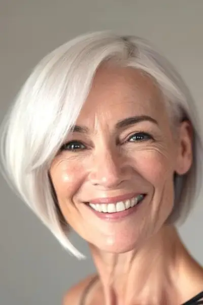 60歳以上の女性の短い丸いボブのヘアスタイル。