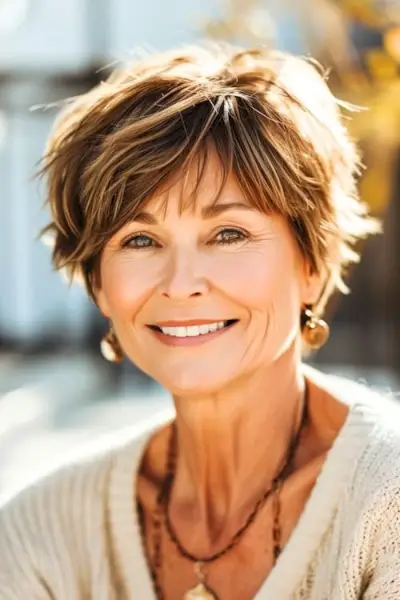 60 歳以上のスタイリッシュな女性の乱れたキャラメル シャグのヘアスタイル。