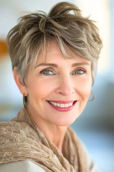60歳以上の笑顔の女性をアッシュピクシーカット。