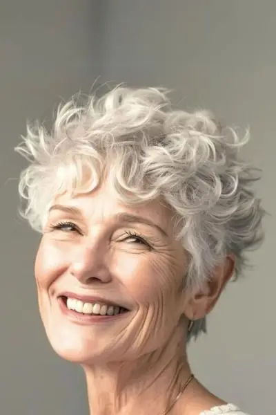 60 歳以上の笑顔の女性の短い灰色の雪のカール。