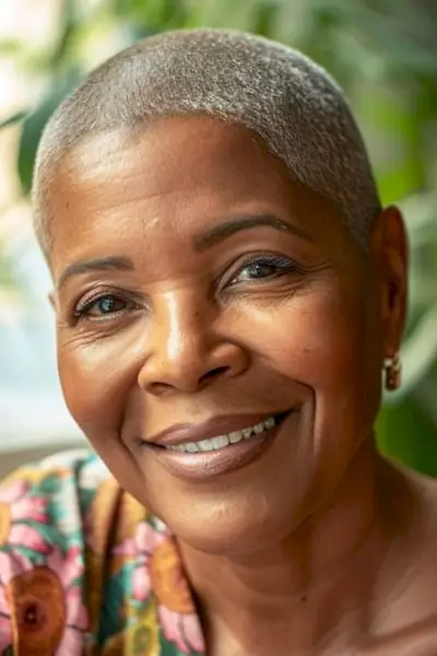 60歳以上の黒人女性の灰色の丸刈り。
