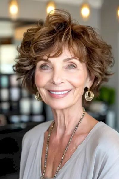 茶色の髪の年配の女性のボリュームのある波。