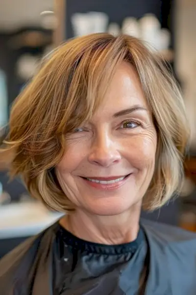 美容院で 60 歳以上の女性の柔らかいレイヤード ボブ。