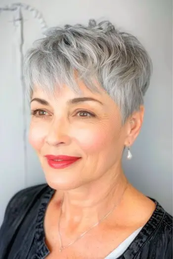 Účes Šedý Pixie s plnou ofinou pro ženy nad 50 let.