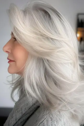 Účes se světle stříbrnými vrstvami s peřím pro ženy nad 50 let.