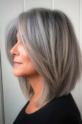 Elegantní tmavě šedý účes pro ženy nad 50 let.