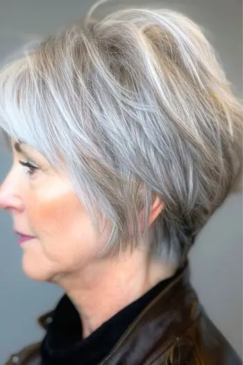 Stříbrný účes Pixie Bob pro ženy nad 50 let.