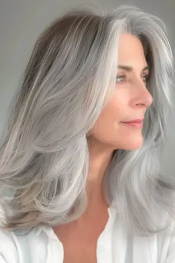 Středně dlouhý jemný stříbrný účes pro ženy nad 50 let.