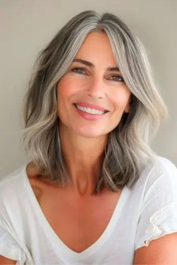 Šedý účes Balayage se strukturovanými vrstvami pro ženy nad 50 let.