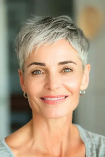 Oříznutý strukturovaný účes Pixie pro ženy nad 50 let.