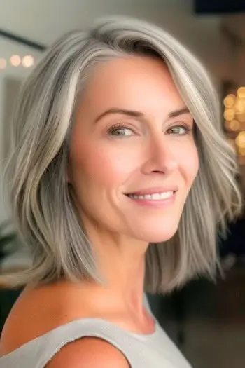 Stříbrný blond účes pro ženy nad 50 let.