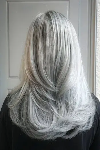 Dlouhý účes s šedými vrstvami pro ženy nad 50 let.