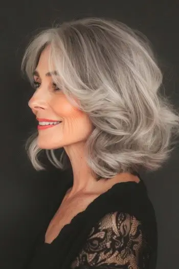 Účes se šedým lalokem pro ženy nad 50 let.