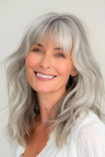 Středně dlouhé stříbrné vlny s ofinou pro ženy nad 50 let.