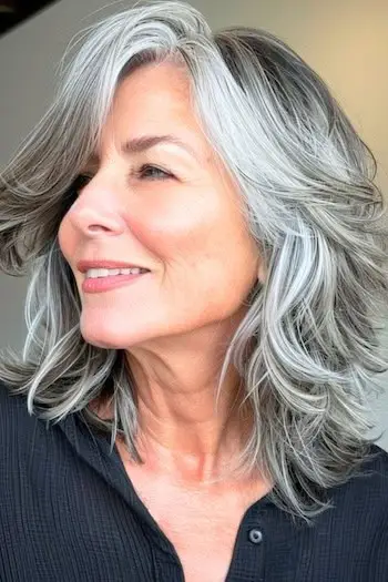 Účes se stříbrno-šedými vrstvami s ofinou na bocích pro ženy nad 50 let.