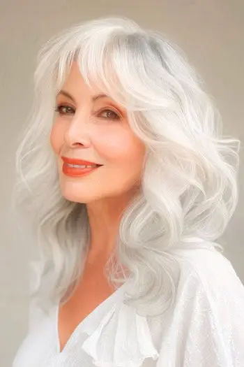 Volné bílé stříbrné kadeře pro ženy nad 50 let.