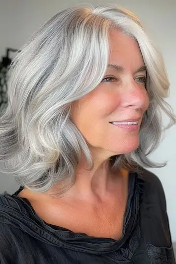 Účes šedého laloku s jemnými vlnami pro ženy nad 50 let.