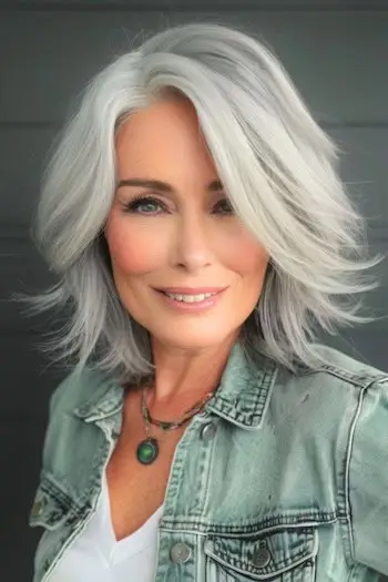 Stříbrný účes Swoopy Layers pro ženy nad 50 let.