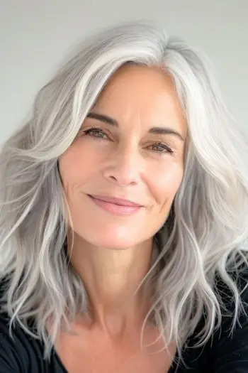 Středně dlouhý účes s šedými vlnami pro ženy nad 50 let.