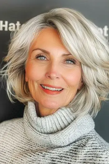 Účes se světle stříbrnými vrstvami s ofinou na straně pro ženy nad 50 let.