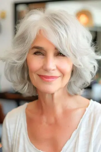 Účes se světle stříbrnými vrstvami pro ženy nad 50 let.