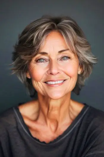 Shag curto em camadas para penteado de cabelo fino para mulheres com mais de 70 anos.