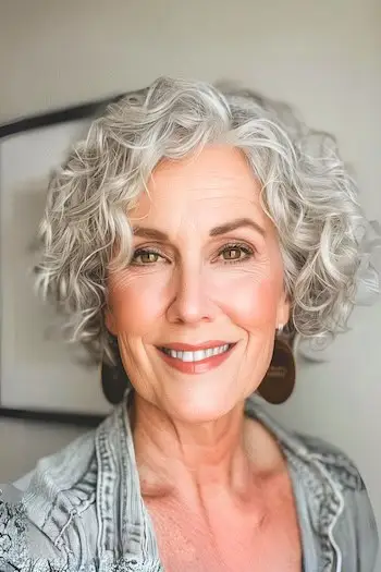 Penteado curto Silver Curls para mulheres acima de 70 anos com cabelos finos.