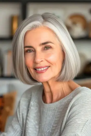 Penteado curto Bob na altura do queixo para mulheres com mais de 70 anos e cabelos finos.